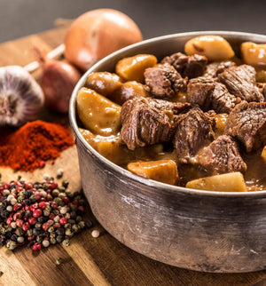 Beef goulash with boiled potatoes